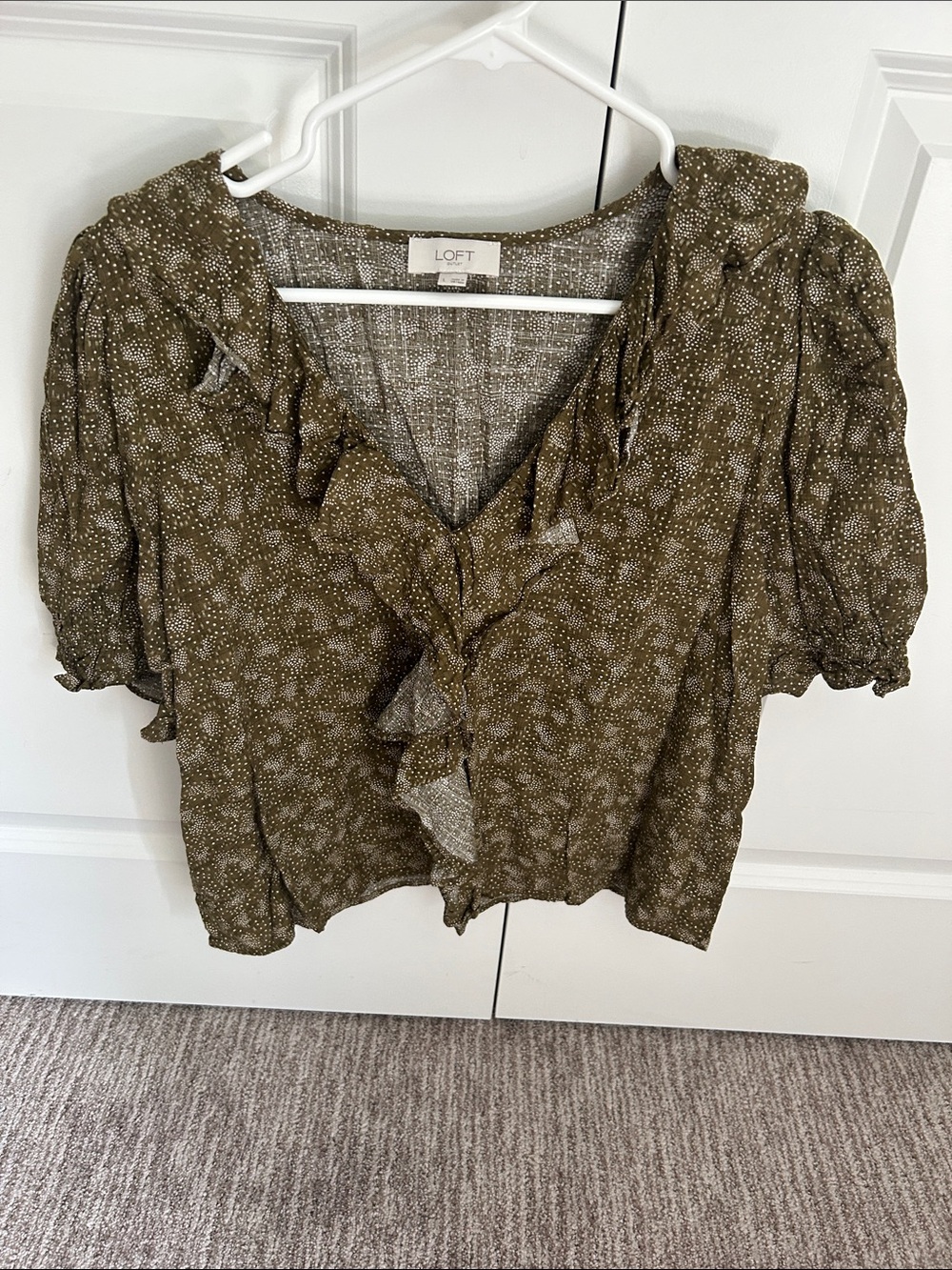 LOFT Outlet Olive Green Floral Ruffle V-Neck Blouse